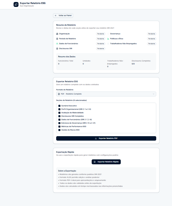 Tela de exportação de relatório ESG com seções GRI selecionáveis na plataforma B.KICK